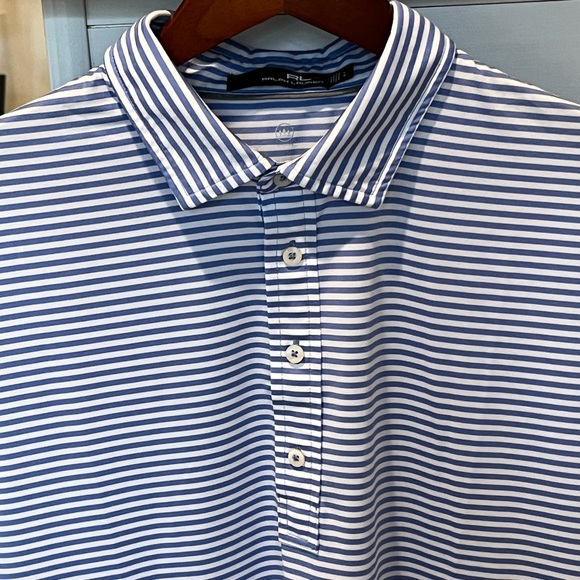 Polo Ralph Lauren RLX Performance size L Blue Stripe Golf Polo EUC - Picture 2 of 5